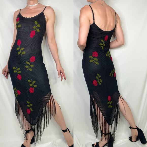 Cache crochet beaded rose floral embroidered maxi dress cocktail fringe‎ hem S - Picture 14 of 17